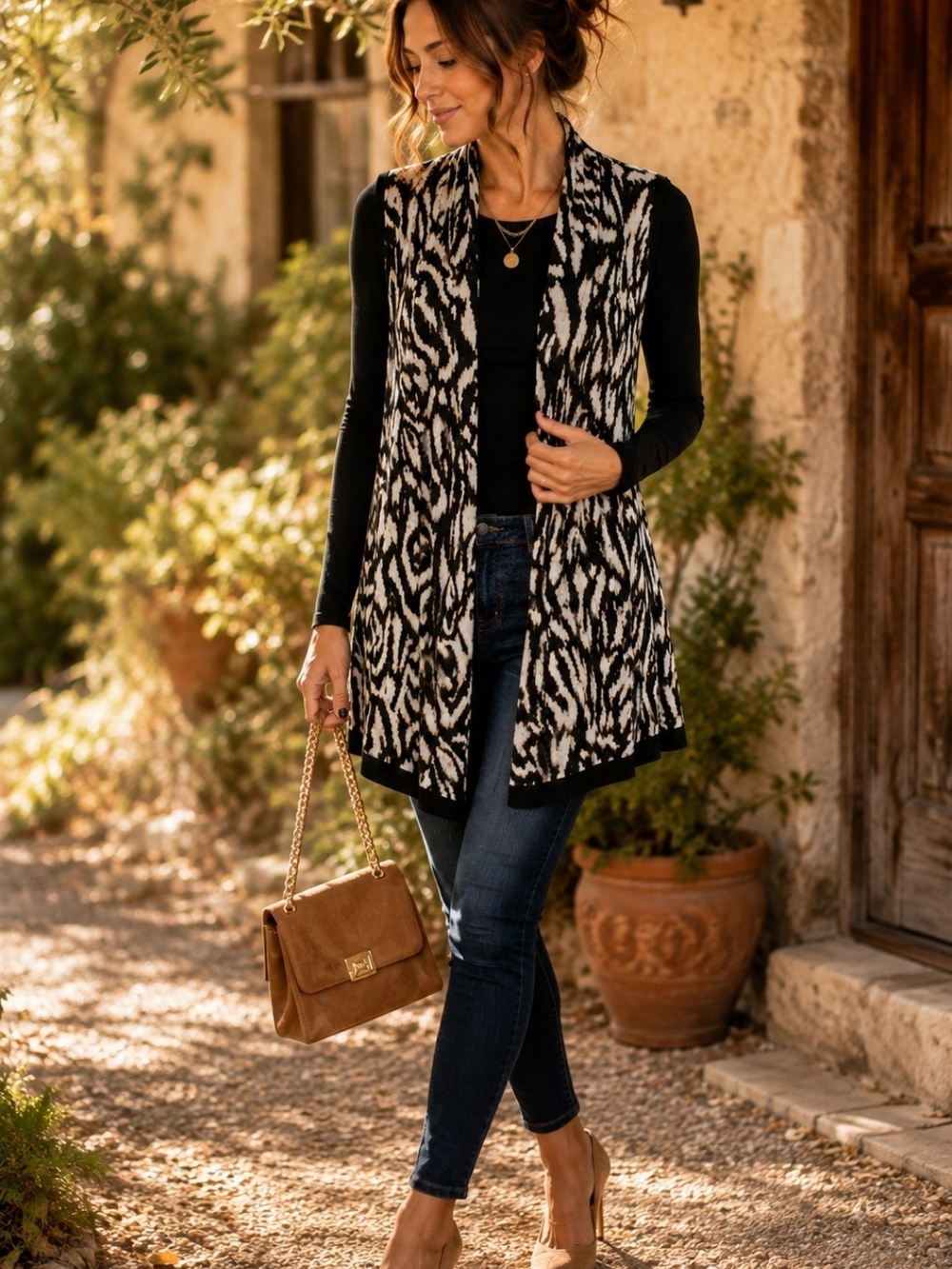 Art & Soul Black Ivory Animal Print Open Front Sweater Vest Duster Size M